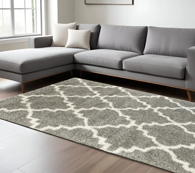 Grey And Ivory Geometric Shag Power Loom Stain Resistant Area Rug Photo 5