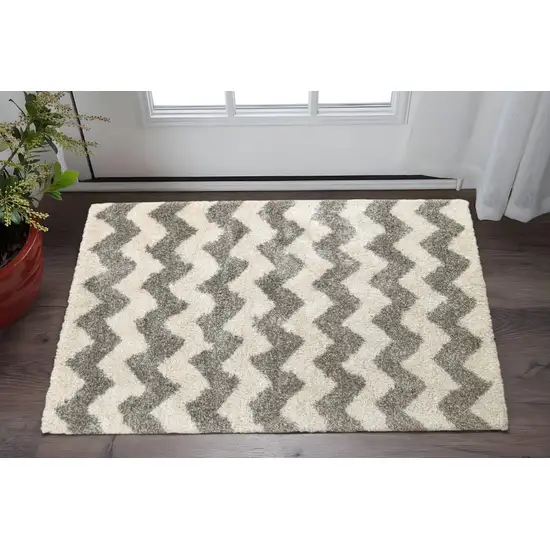 Grey And Ivory Geometric Shag Power Loom Stain Resistant Area Rug Photo 1