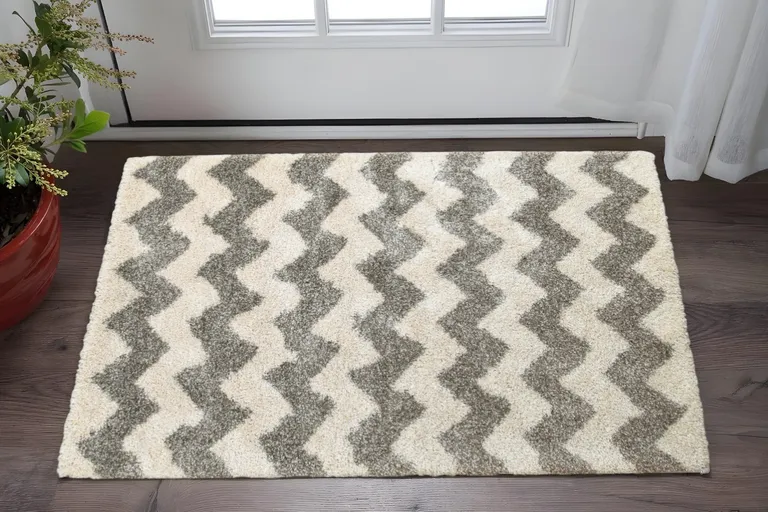 Grey And Ivory Geometric Shag Power Loom Stain Resistant Area Rug Photo 5