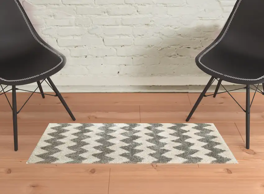 Grey And Ivory Geometric Shag Power Loom Stain Resistant Area Rug Photo 2
