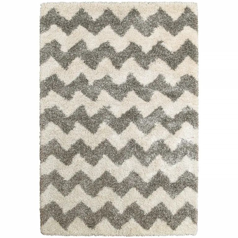 Grey And Ivory Geometric Shag Power Loom Stain Resistant Area Rug Photo 2