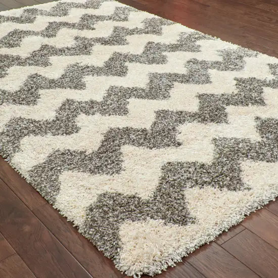Grey And Ivory Geometric Shag Power Loom Stain Resistant Area Rug Photo 5