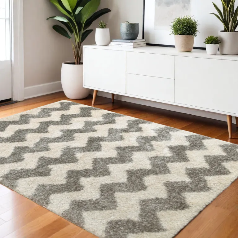 Grey And Ivory Geometric Shag Power Loom Stain Resistant Area Rug Photo 1
