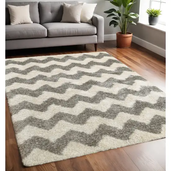 Grey And Ivory Geometric Shag Power Loom Stain Resistant Area Rug Photo 1