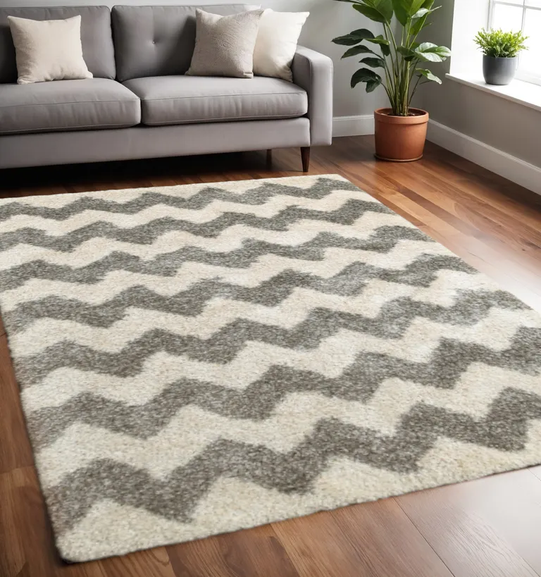 Grey And Ivory Geometric Shag Power Loom Stain Resistant Area Rug Photo 5