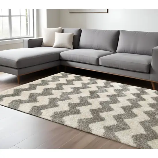 Grey And Ivory Geometric Shag Power Loom Stain Resistant Area Rug Photo 1