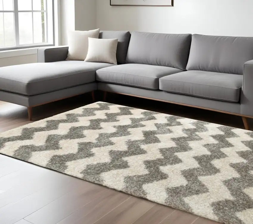 Grey And Ivory Geometric Shag Power Loom Stain Resistant Area Rug Photo 1