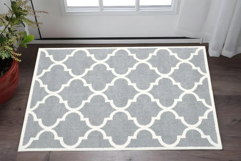 Grey And Ivory Geometric Shag Power Loom Stain Resistant Area Rug Photo 5
