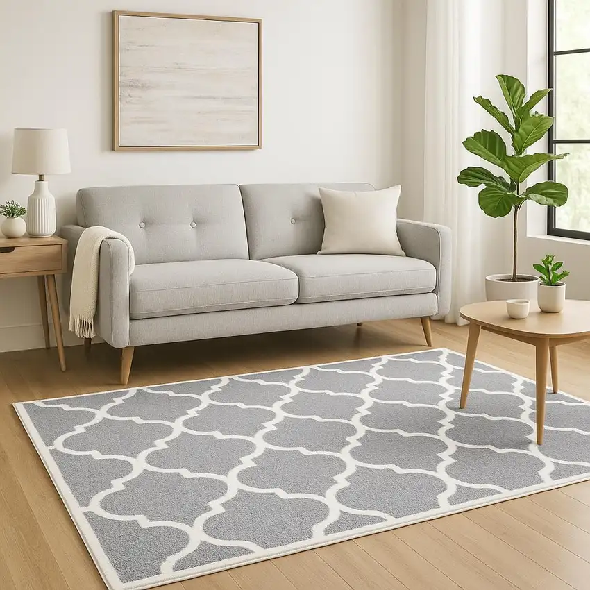 Grey And Ivory Geometric Shag Power Loom Stain Resistant Area Rug Photo 1