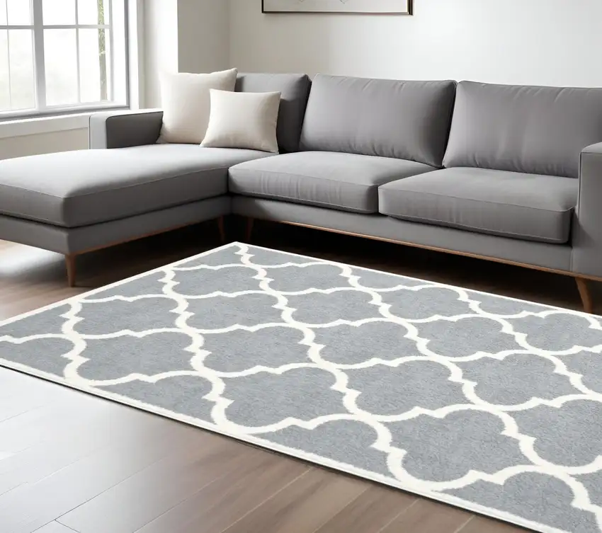 Grey And Ivory Geometric Shag Power Loom Stain Resistant Area Rug Photo 1