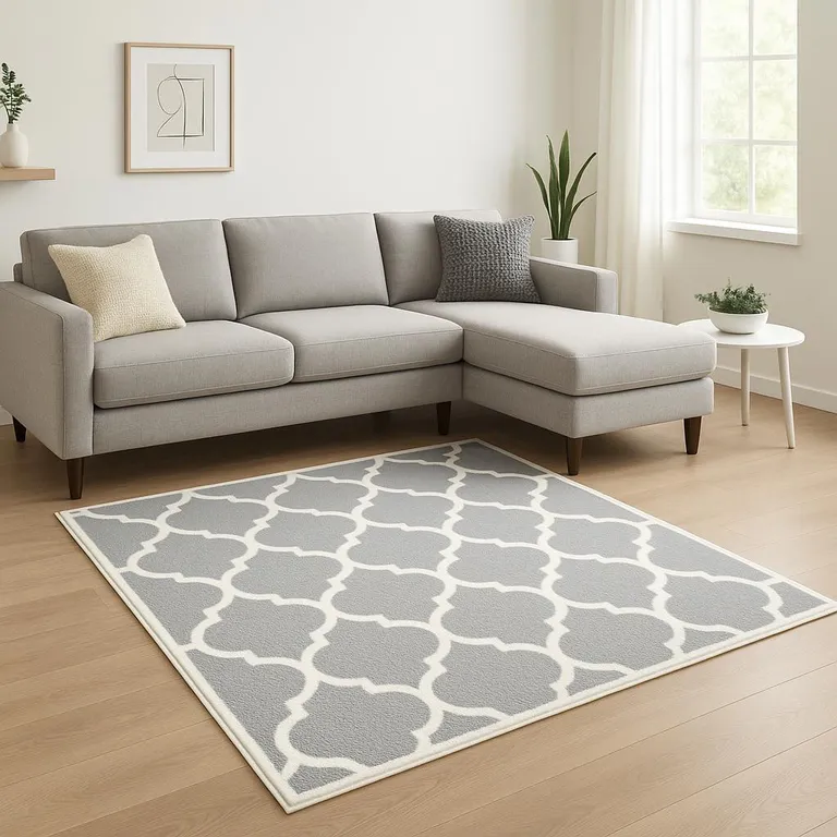 Grey And Ivory Geometric Shag Power Loom Stain Resistant Area Rug Photo 1