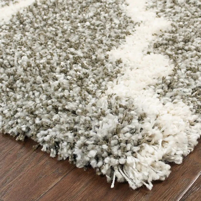 Grey And Ivory Geometric Shag Power Loom Stain Resistant Runner Rug Photo 3