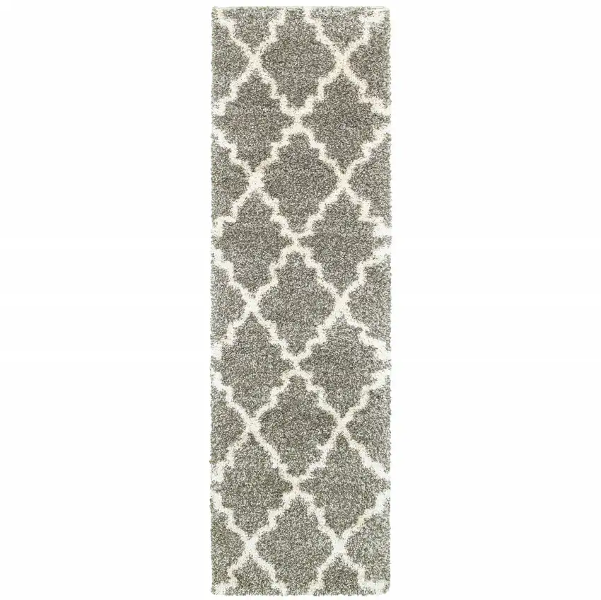 Grey And Ivory Geometric Shag Power Loom Stain Resistant Runner Rug Photo 1