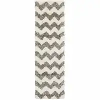 Photo of Grey And Ivory Geometric Shag Power Loom Stain Resistant Runner Rug