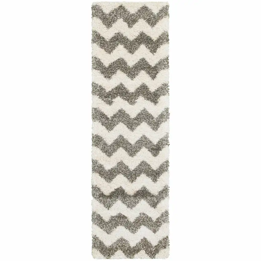 Grey And Ivory Geometric Shag Power Loom Stain Resistant Runner Rug Photo 1
