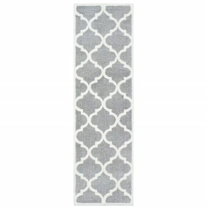 Grey And Ivory Geometric Shag Power Loom Stain Resistant Runner Rug Photo 1