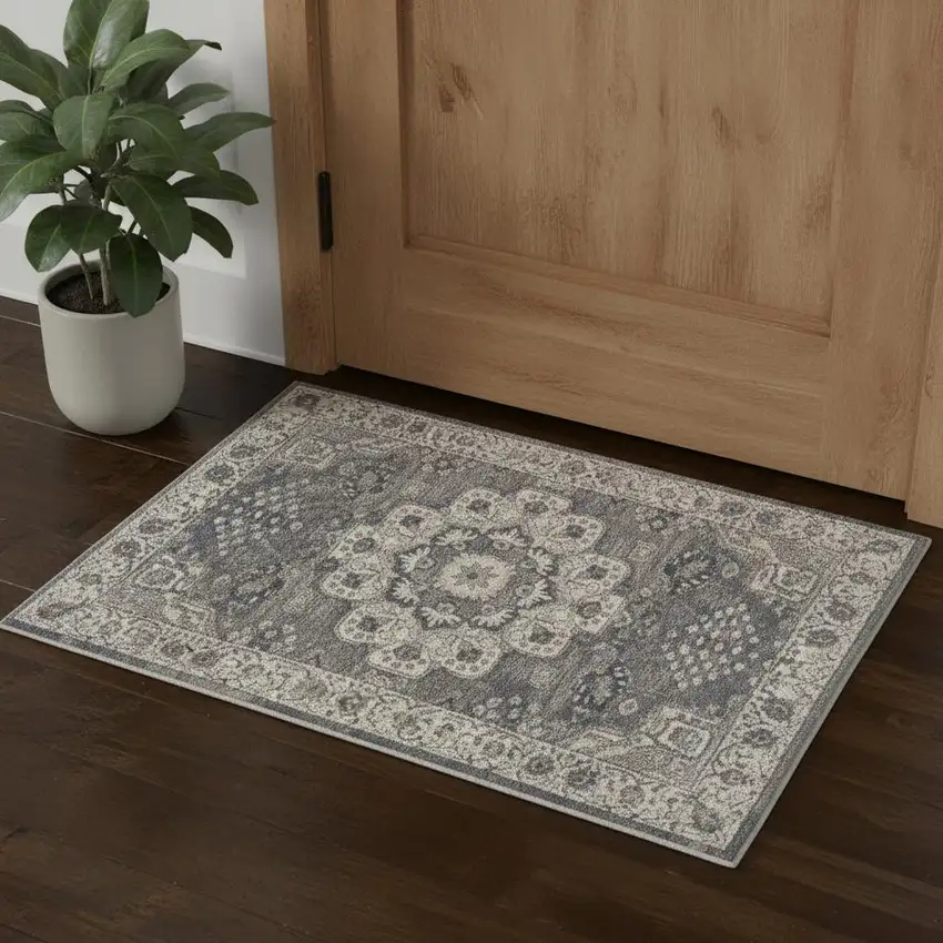 Grey And Ivory Oriental Power Loom Non Skid Area Rug Photo 1
