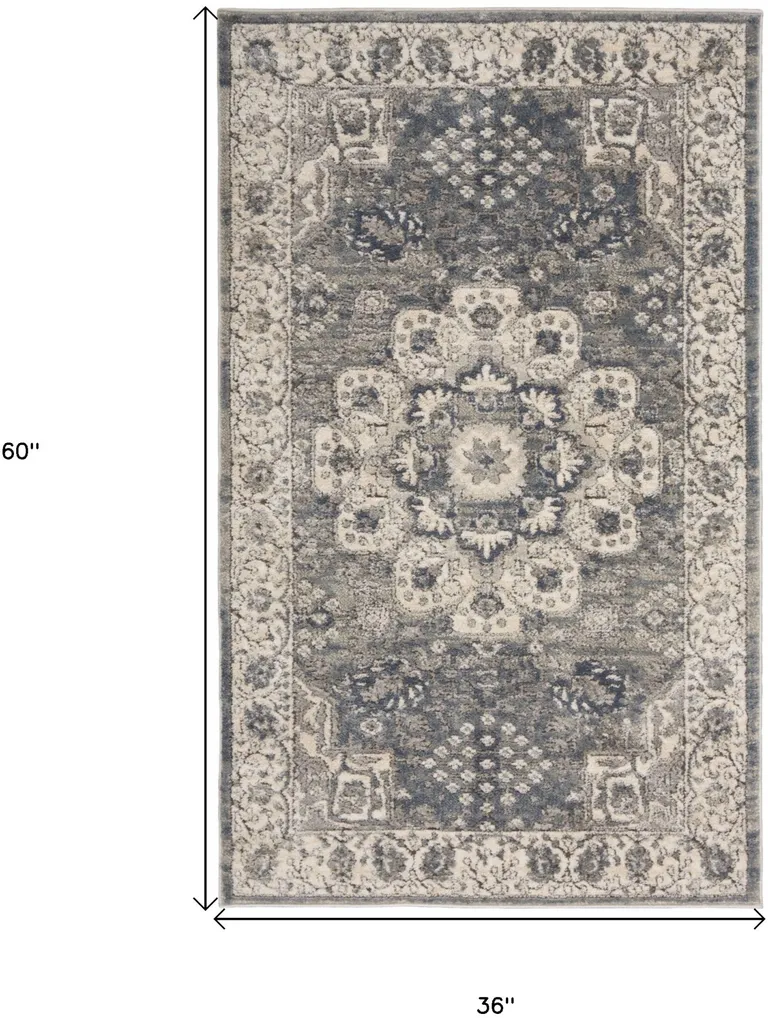Grey And Ivory Oriental Power Loom Non Skid Area Rug Photo 2
