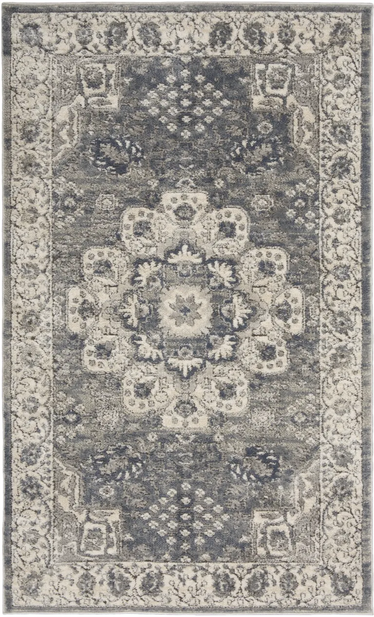 Grey And Ivory Oriental Power Loom Non Skid Area Rug Photo 3