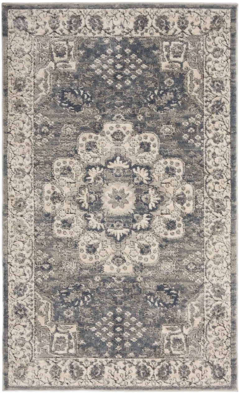 Grey And Ivory Oriental Power Loom Non Skid Area Rug Photo 1