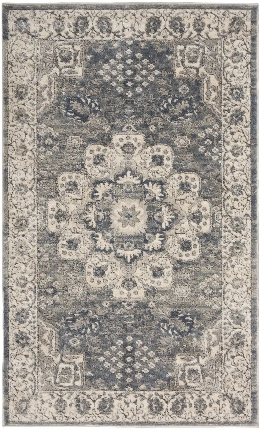 Grey And Ivory Oriental Power Loom Non Skid Area Rug Photo 1