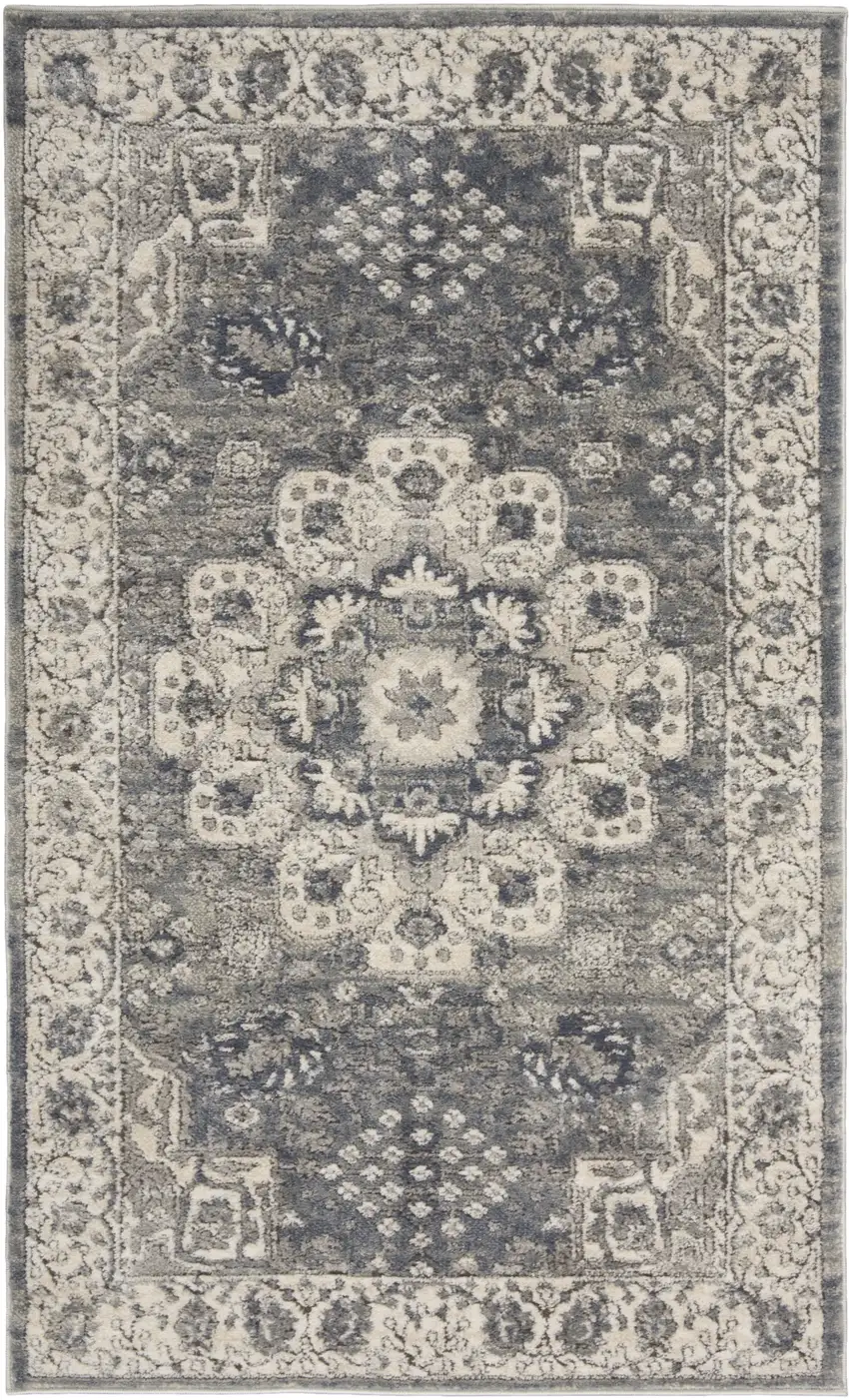 Grey And Ivory Oriental Power Loom Non Skid Area Rug Photo 4