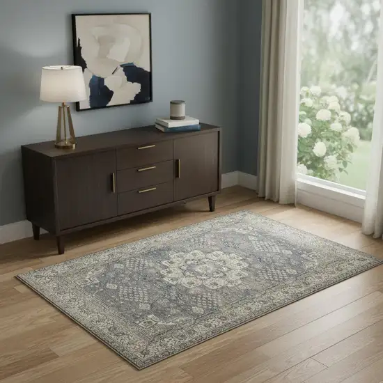 Grey And Ivory Oriental Power Loom Non Skid Area Rug Photo 1