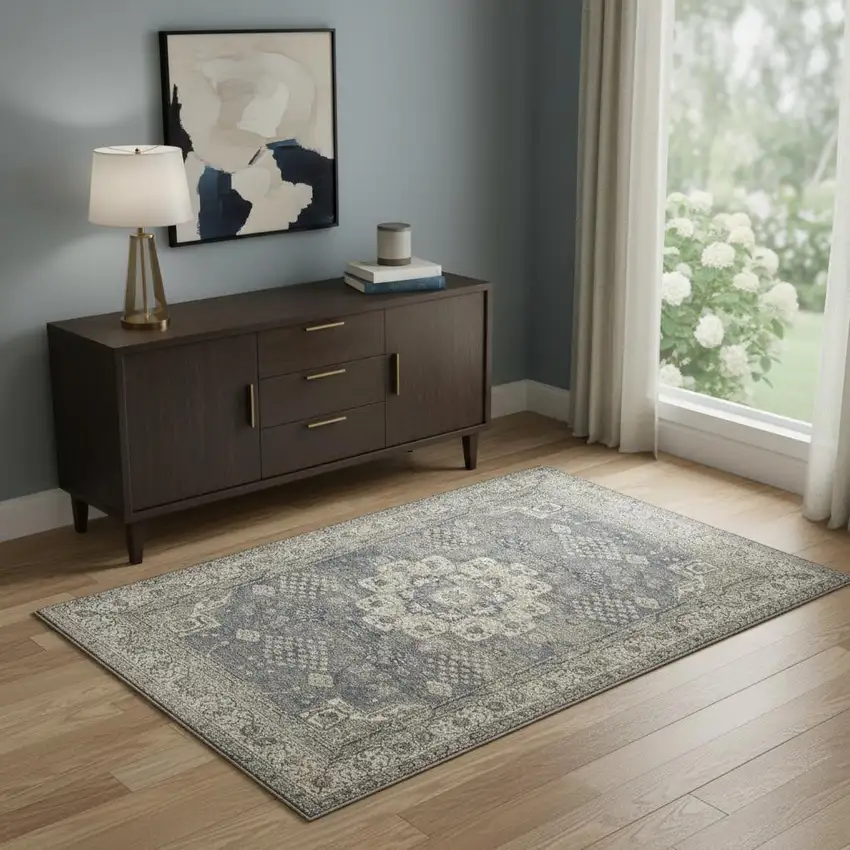 Grey And Ivory Oriental Power Loom Non Skid Area Rug Photo 1