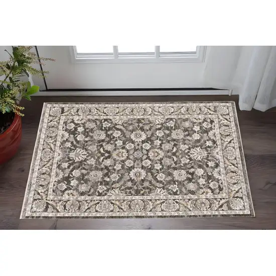 Grey And Ivory Oriental Power Loom Stain Resistant Area Rug With Fringe Photo 2