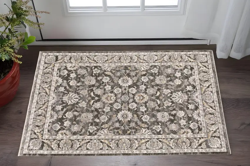 Grey And Ivory Oriental Power Loom Stain Resistant Area Rug With Fringe Photo 2