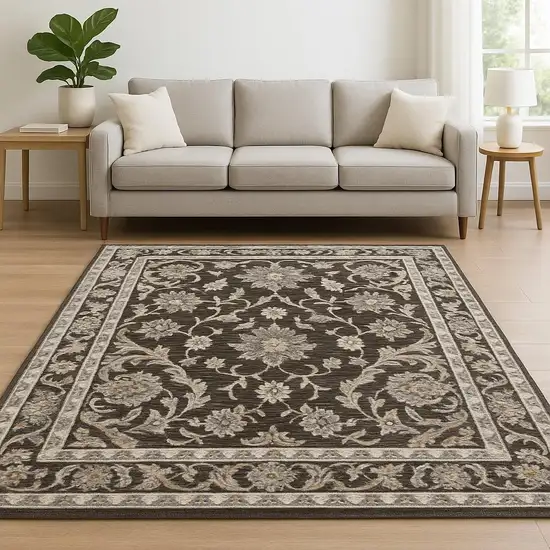 6' X 9' Grey And Ivory Oriental Power Loom Stain Resistant Area Rug With Fringe Photo 1