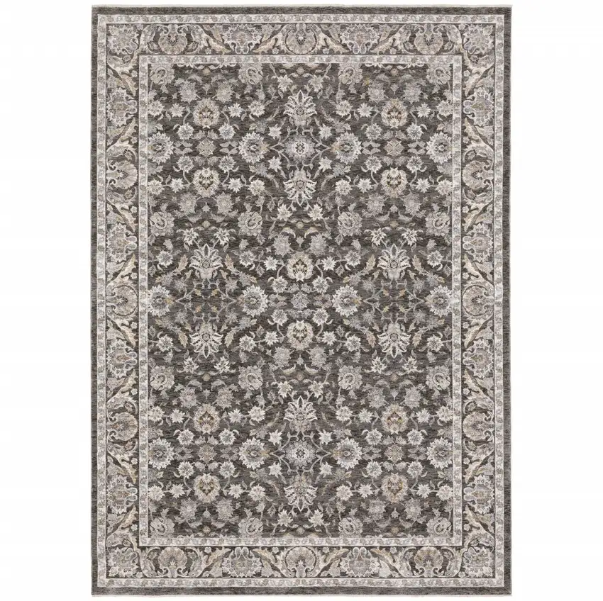 Grey And Ivory Oriental Power Loom Stain Resistant Area Rug With Fringe Photo 2