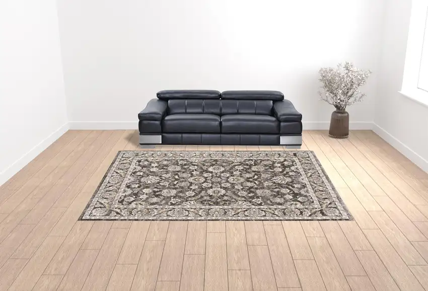 Grey And Ivory Oriental Power Loom Stain Resistant Area Rug With Fringe Photo 3