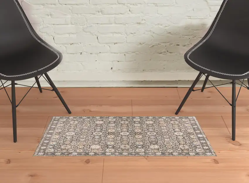Grey And Ivory Oriental Power Loom Stain Resistant Area Rug With Fringe Photo 3