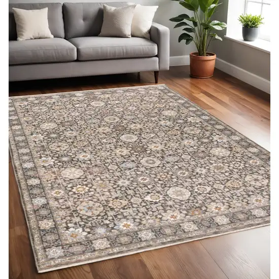 Charcoal And Ivory Oriental Area Rug With Fringe Photo 1