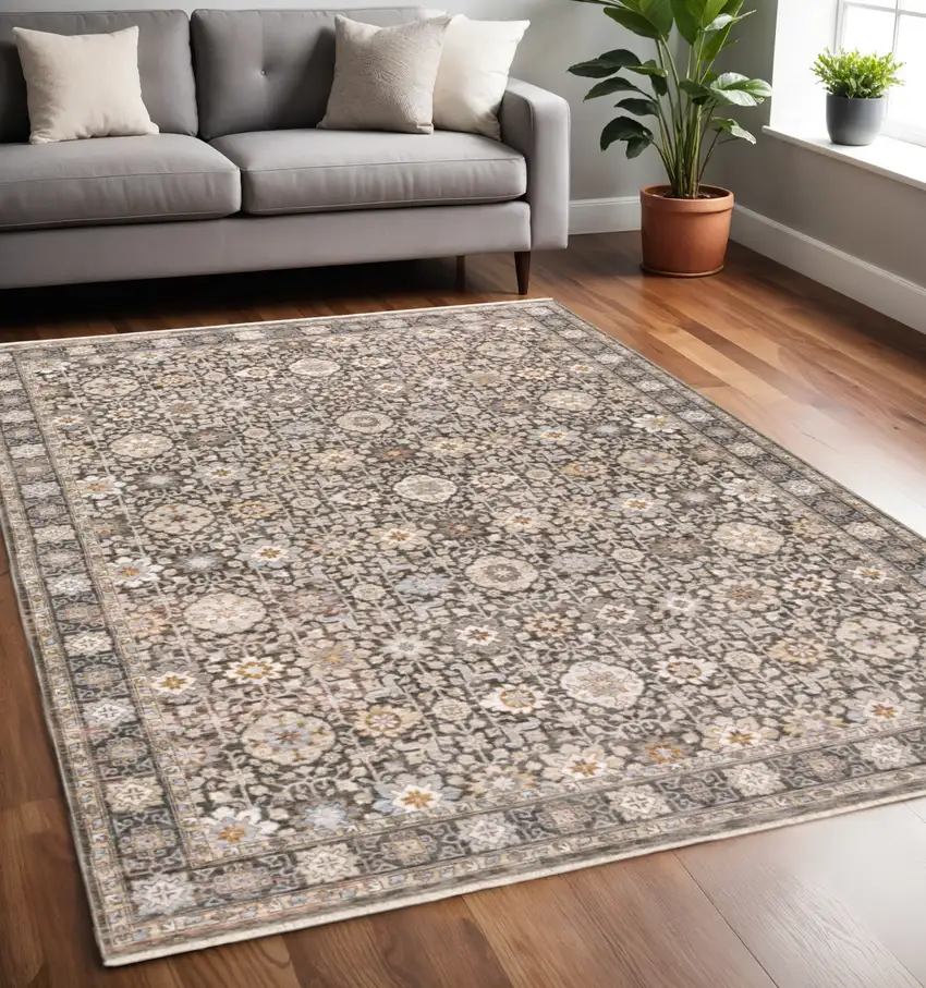 Charcoal And Ivory Oriental Area Rug With Fringe Photo 1