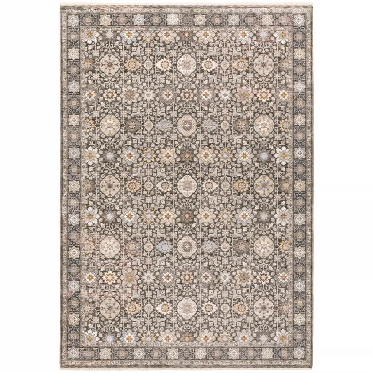 Grey And Ivory Oriental Power Loom Stain Resistant Area Rug With Fringe Photo 2