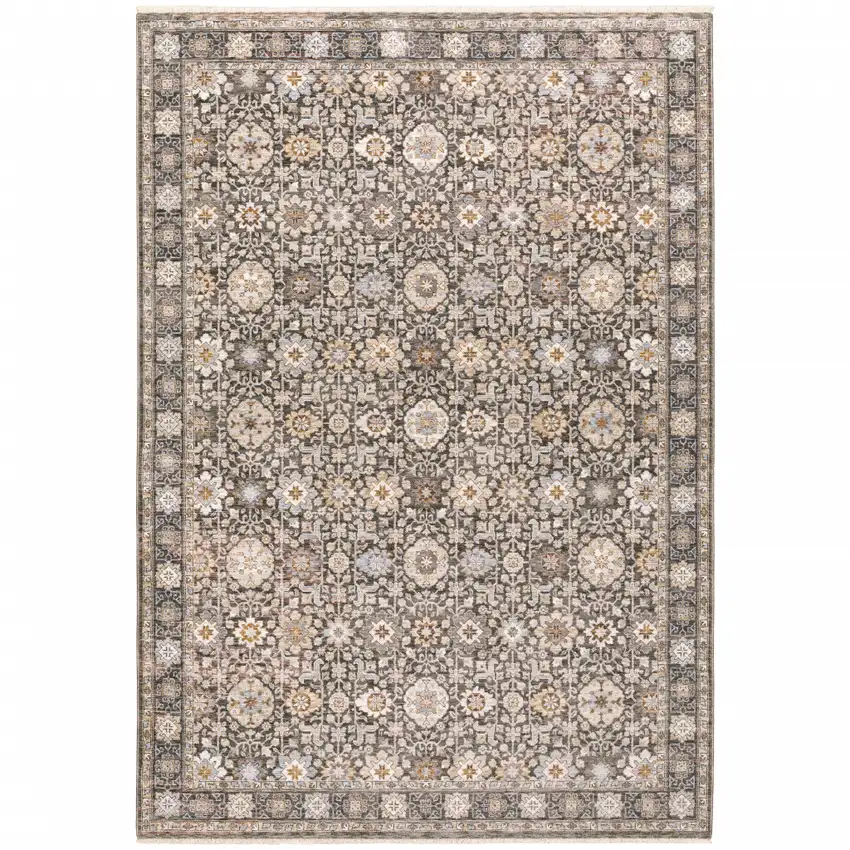Grey And Ivory Oriental Power Loom Stain Resistant Area Rug With Fringe Photo 2