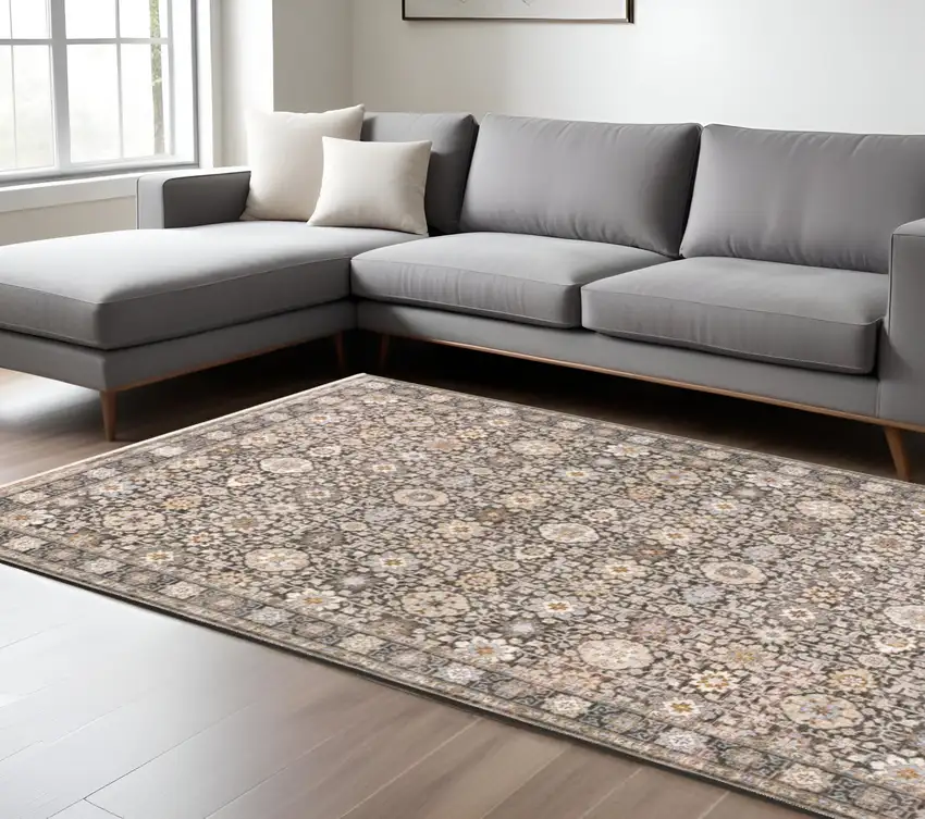 Gray and Ivory Oriental Power Loom Area Rug With Fringe Photo 1