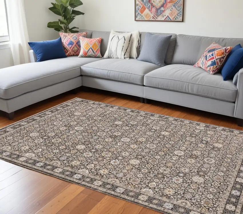 Grey And Ivory Oriental Power Loom Stain Resistant Area Rug With Fringe Photo 1