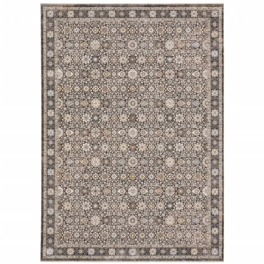 Grey And Ivory Oriental Power Loom Stain Resistant Area Rug With Fringe Photo 2