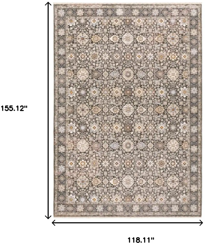 Charcoal And Ivory Oriental Area Rug With Fringe Photo 3