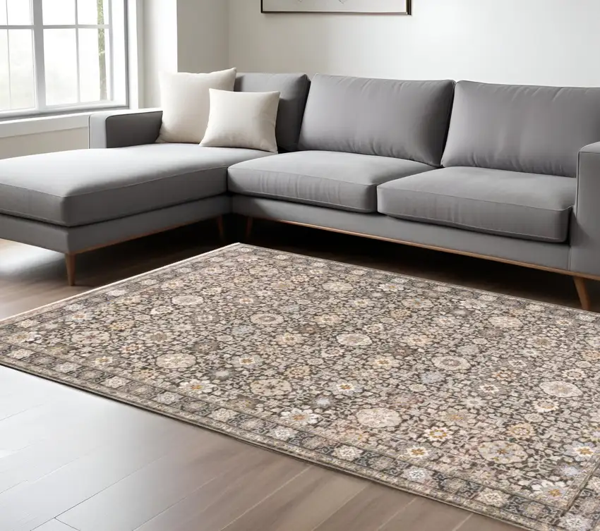 Charcoal And Ivory Oriental Area Rug With Fringe Photo 1