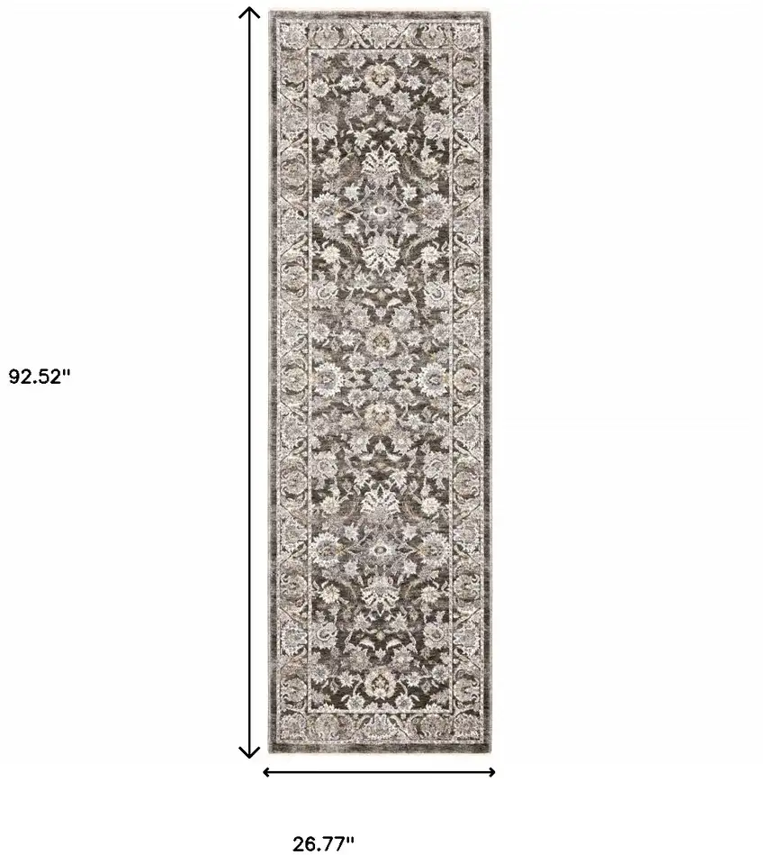 Grey And Ivory Oriental Power Loom Stain Resistant Runner Rug With Fringe Photo 10