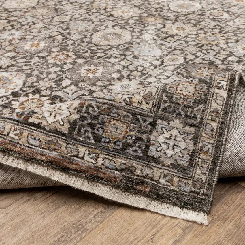 Grey And Ivory Oriental Power Loom Stain Resistant Runner Rug With Fringe Photo 8