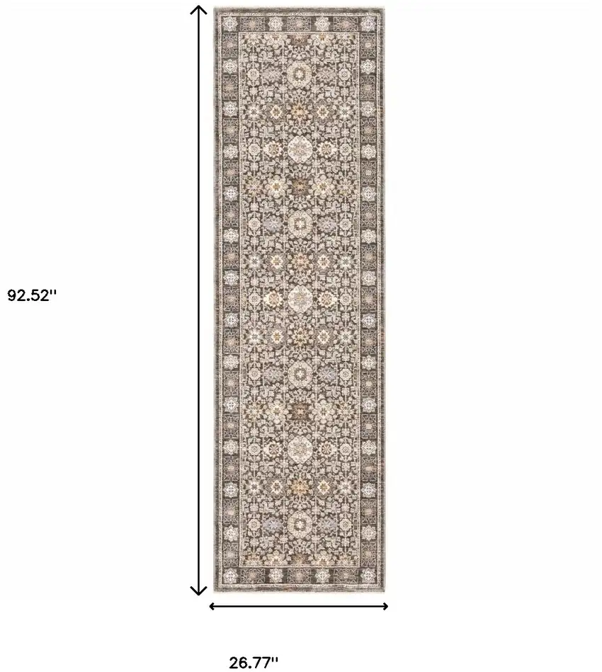 Grey And Ivory Oriental Power Loom Stain Resistant Runner Rug With Fringe Photo 10