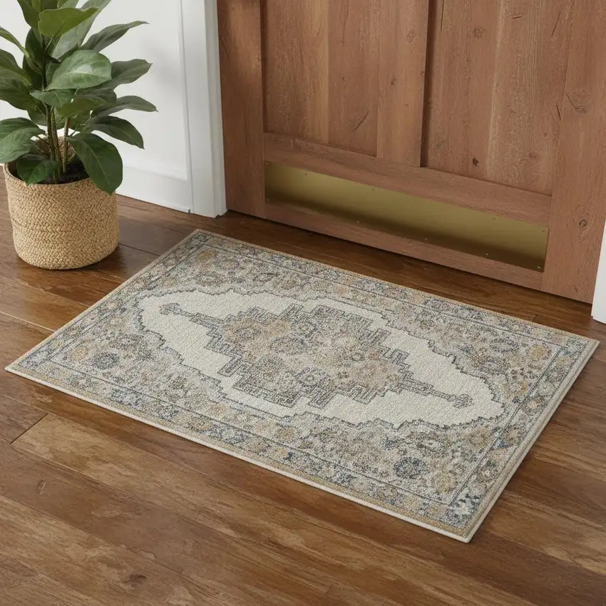 Grey And Light Blue Oriental Power Loom Non Skid Area Rug Photo 1