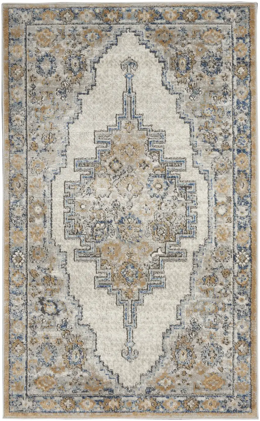 Grey And Light Blue Oriental Power Loom Non Skid Area Rug Photo 1