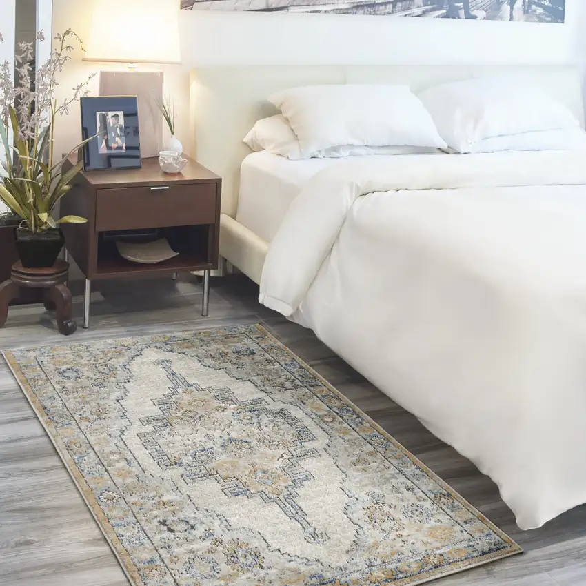 Grey And Light Blue Oriental Power Loom Non Skid Area Rug Photo 4