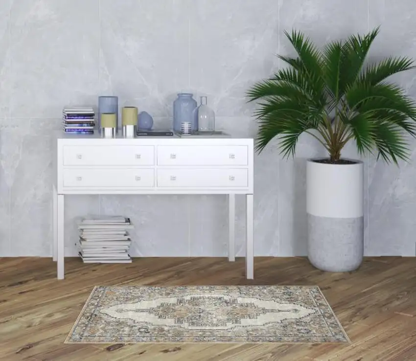 Grey And Light Blue Oriental Power Loom Non Skid Area Rug Photo 2